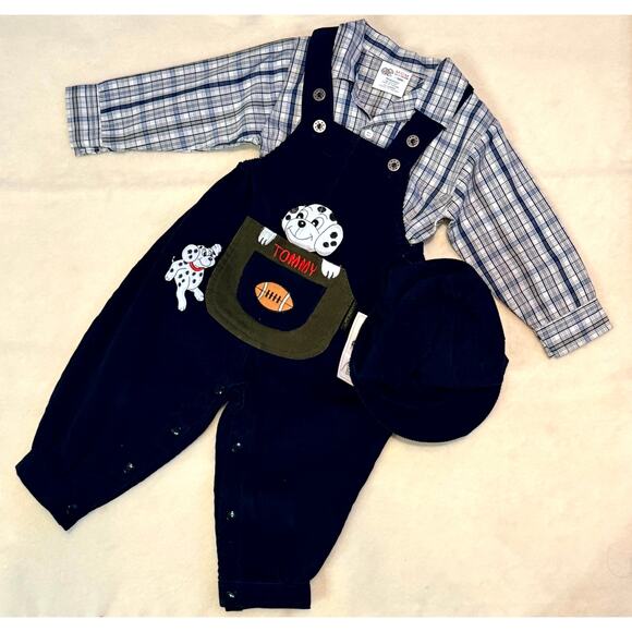 Vintage 90s MGM Kid's Fashion Overalls Set Boys 18M Corduroy Plaid Dalmatian Dog - Picture 1 of 9